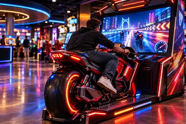 Commercial motorcycle arcade game machine with a rider in a modern arcade
