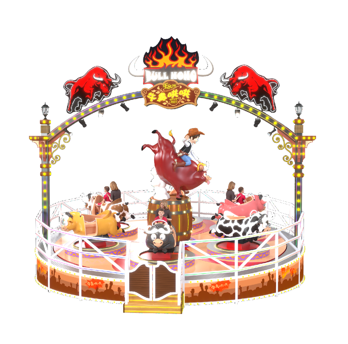 "Wild West Adventure Bull Ride: 12-Seat Crazy Bullfighting and Spinning Carousel Combo"