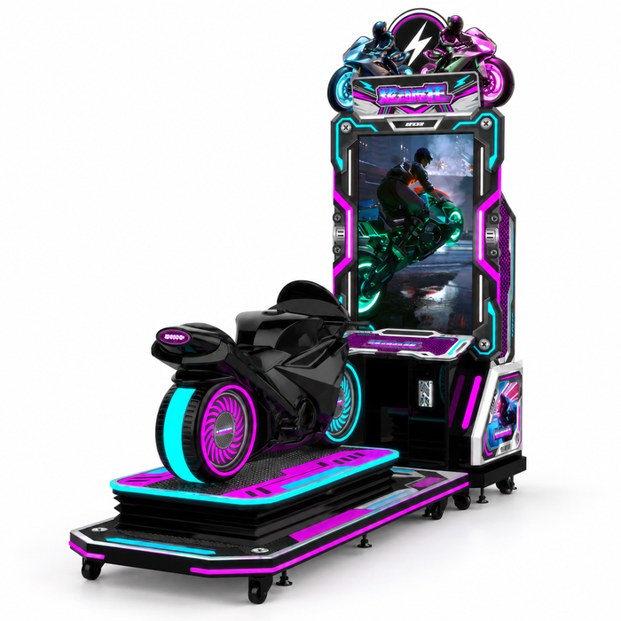 Black motorcycle arcade machine, left three-quarter view