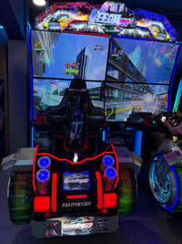 Load image into Gallery viewer, Driving arcade simulator with racing seat and city course gameplay
